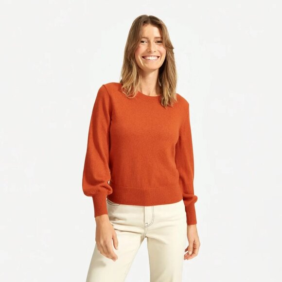 EVERLANE Orange 100% Cashmere Knit Lantern Sleeve Crew Neck Sweater, Size S - Picture 1 of 13